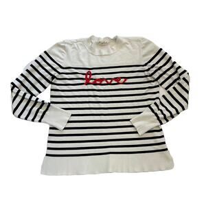 Marled Black White Parisian Stripe Long Sleeve Crew Neck Sweater "Love" Size M
